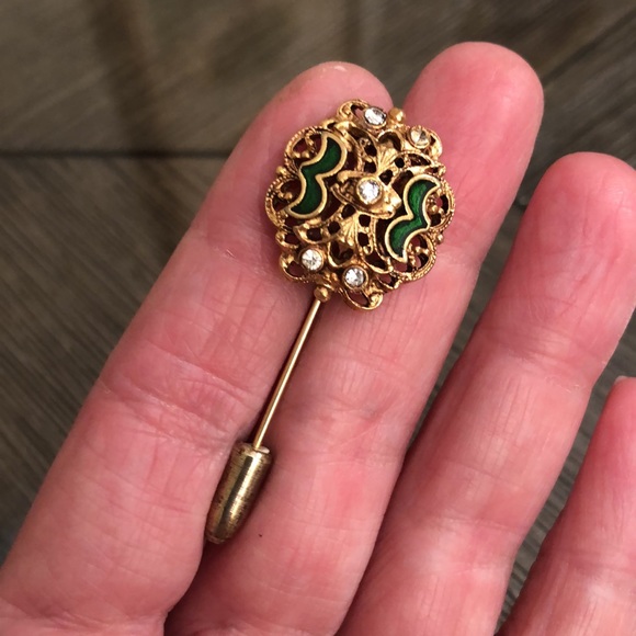 Vintage FLORENZA Stick Pin brooch Green Enamel & Rhinestones - Picture 9 of 16